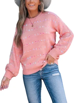CUPSHE Womens Crewneck Sweaters Long Sleeve Cozy Knit Rainbow Dots Pullover Jumper Tops