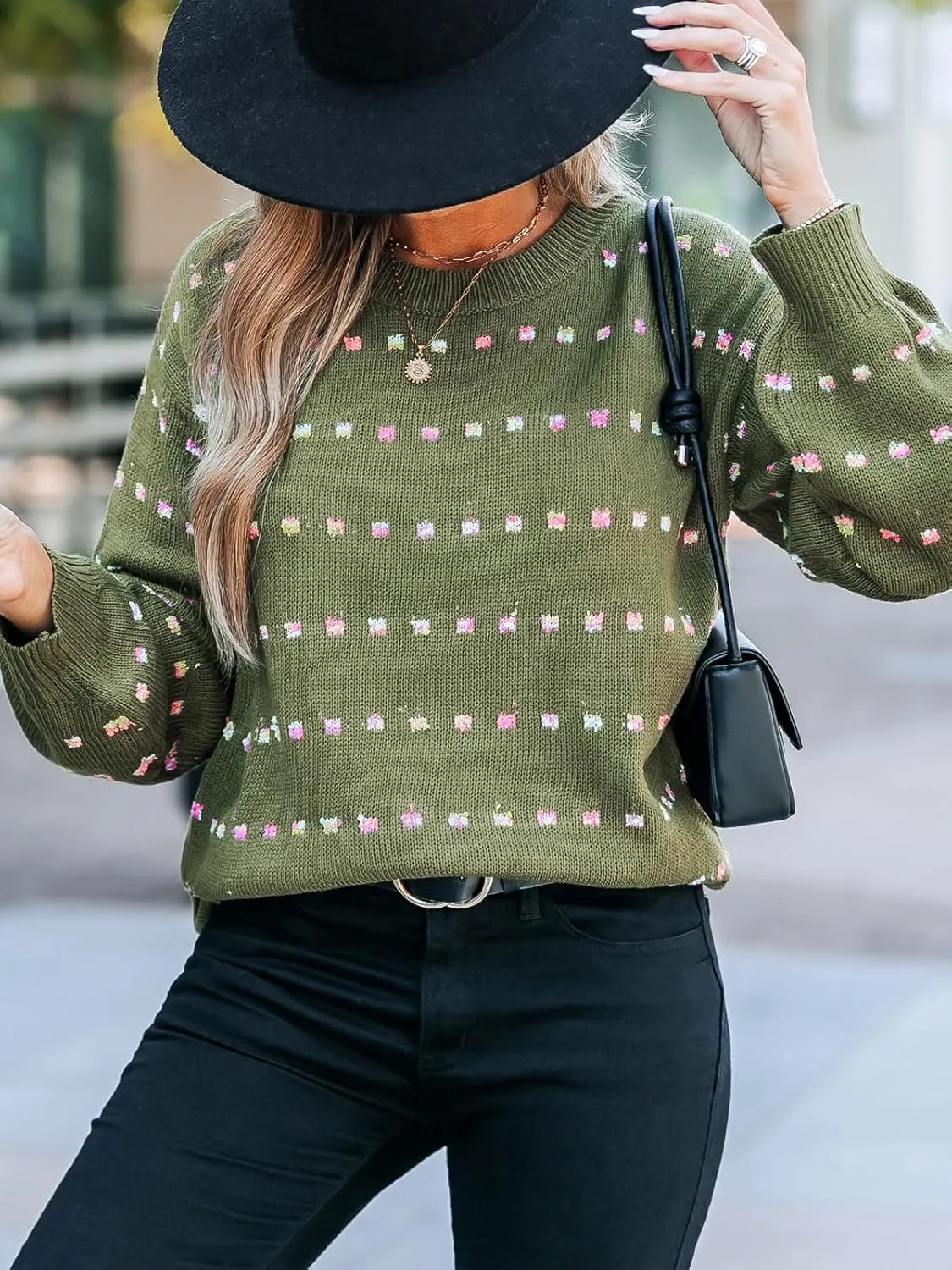 CUPSHE Womens Crewneck Sweaters Long Sleeve Cozy Knit Rainbow Dots Pullover Jumper Tops