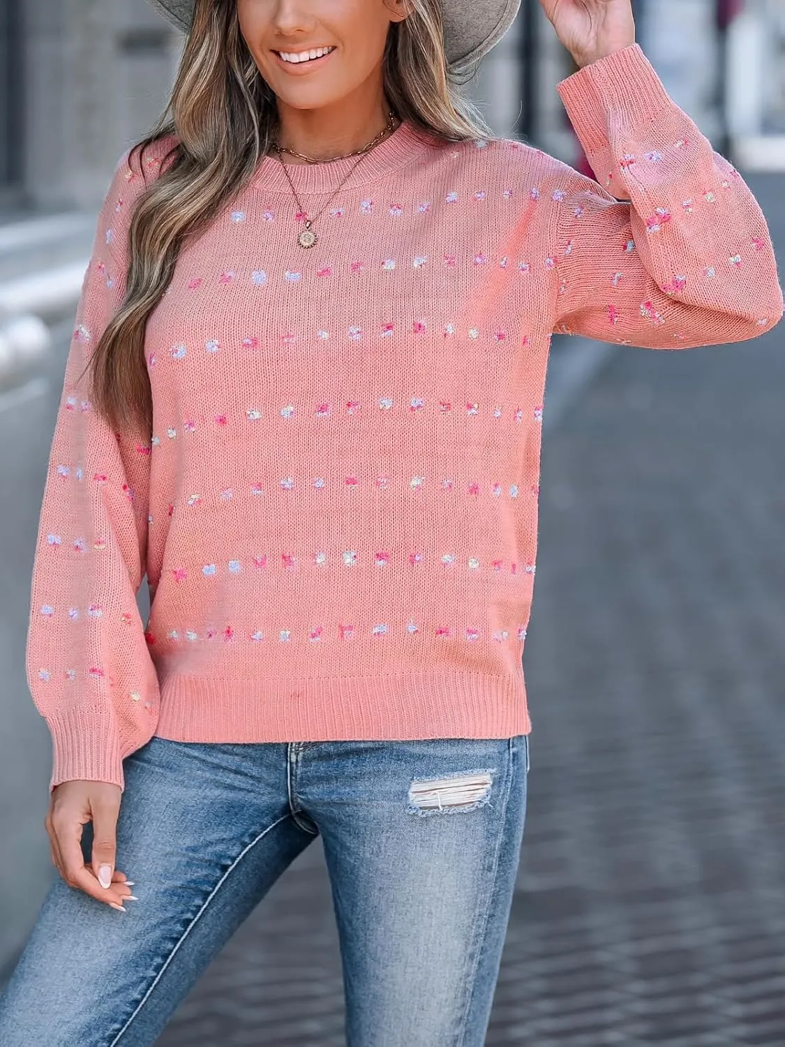 CUPSHE Womens Crewneck Sweaters Long Sleeve Cozy Knit Rainbow Dots Pullover Jumper Tops