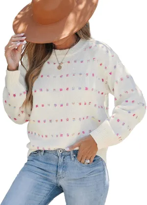 CUPSHE Womens Crewneck Sweaters Long Sleeve Cozy Knit Rainbow Dots Pullover Jumper Tops