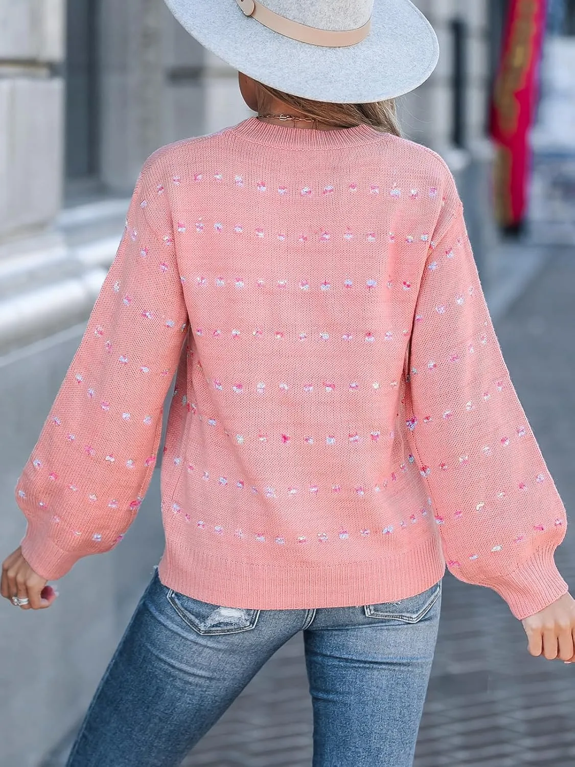 CUPSHE Womens Crewneck Sweaters Long Sleeve Cozy Knit Rainbow Dots Pullover Jumper Tops