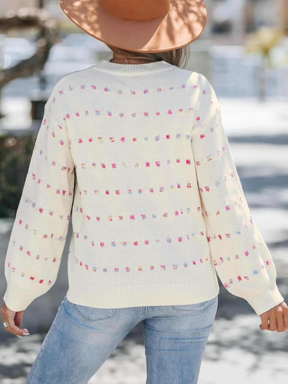 CUPSHE Womens Crewneck Sweaters Long Sleeve Cozy Knit Rainbow Dots Pullover Jumper Tops