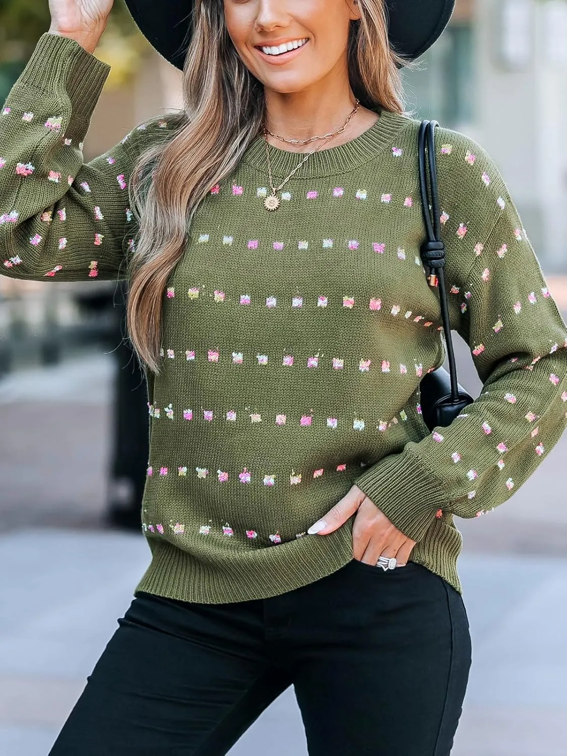 CUPSHE Womens Crewneck Sweaters Long Sleeve Cozy Knit Rainbow Dots Pullover Jumper Tops