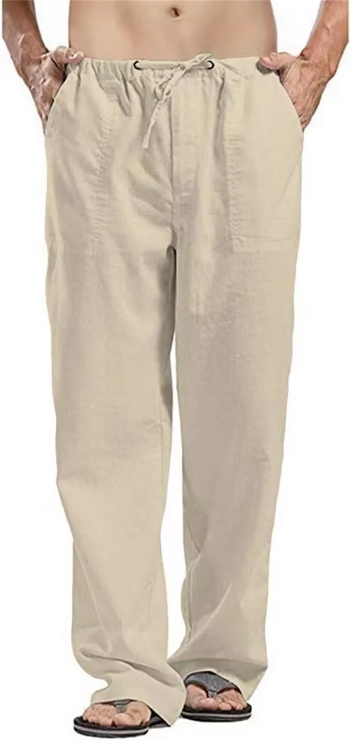 DGHM-JLMY Mens Lightweight Breathable Linen Trousers Casual Elastic Waist Beach Pants Solid Color Sports Pant with Pockets