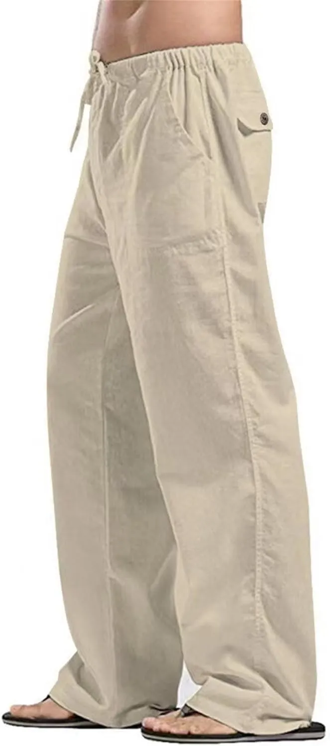 DGHM-JLMY Mens Lightweight Breathable Linen Trousers Casual Elastic Waist Beach Pants Solid Color Sports Pant with Pockets