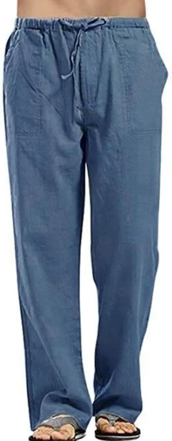 DGHM-JLMY Mens Lightweight Breathable Linen Trousers Casual Elastic Waist Beach Pants Solid Color Sports Pant with Pockets