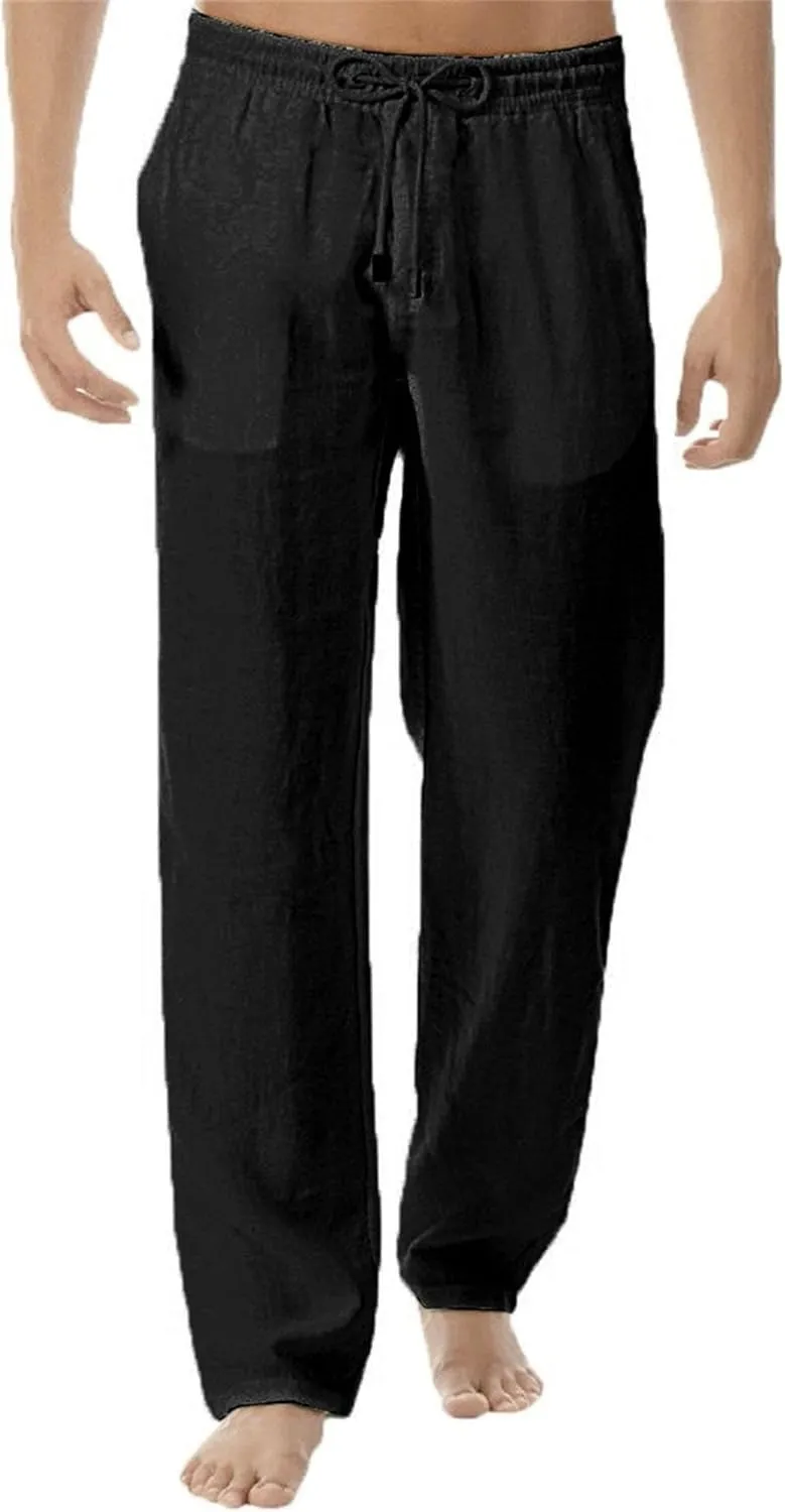 DGHM-JLMY Mens Lightweight Breathable Linen Trousers Casual Elastic Waist Beach Pants Solid Color Sports Pant with Pockets