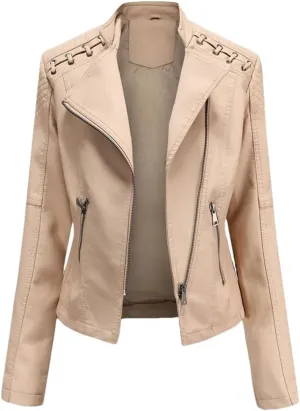 Fnfmrfmr Women's Thin Slim String Quilted Shoulder Oblique Zip Moto Pu Leather Biker Jacket