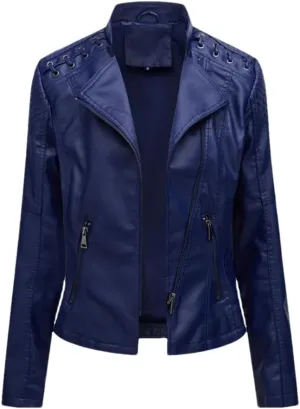 Fnfmrfmr Women's Thin Slim String Quilted Shoulder Oblique Zip Moto Pu Leather Biker Jacket