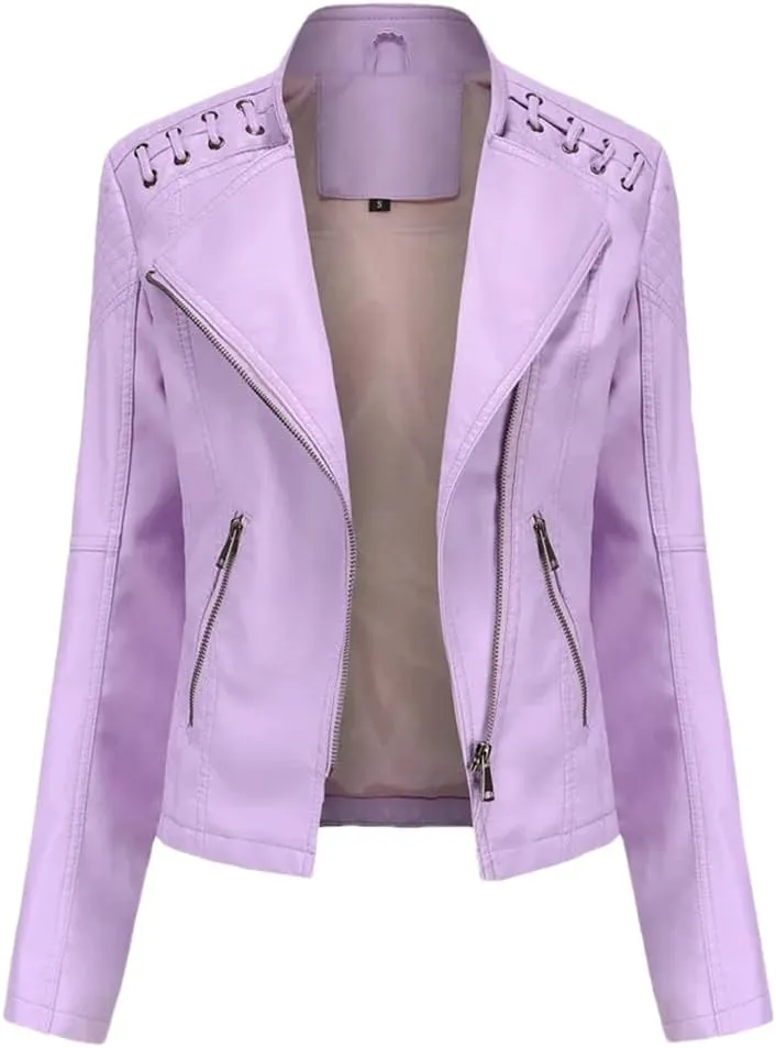 Fnfmrfmr Women's Thin Slim String Quilted Shoulder Oblique Zip Moto Pu Leather Biker Jacket