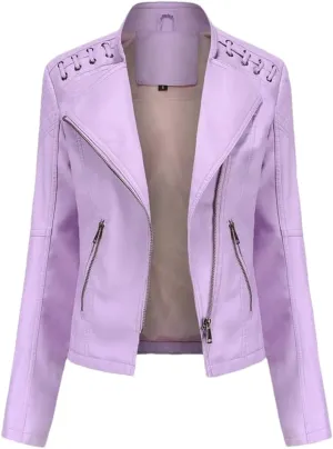 Fnfmrfmr Women's Thin Slim String Quilted Shoulder Oblique Zip Moto Pu Leather Biker Jacket