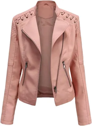 Fnfmrfmr Women's Thin Slim String Quilted Shoulder Oblique Zip Moto Pu Leather Biker Jacket