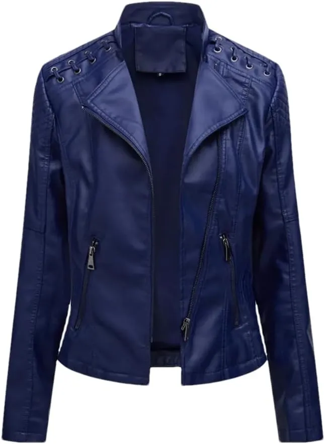 Fnfmrfmr Women's Thin Slim String Quilted Shoulder Oblique Zip Moto Pu Leather Biker Jacket