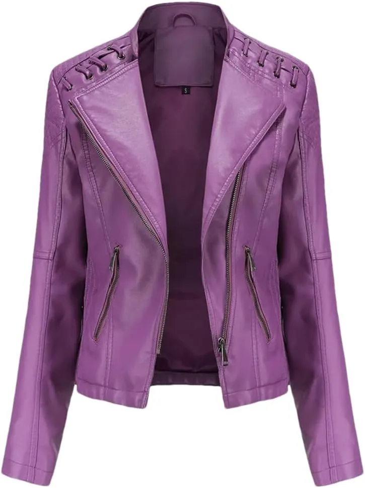 Fnfmrfmr Women's Thin Slim String Quilted Shoulder Oblique Zip Moto Pu Leather Biker Jacket