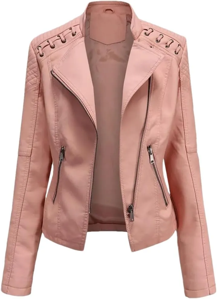 Fnfmrfmr Women's Thin Slim String Quilted Shoulder Oblique Zip Moto Pu Leather Biker Jacket