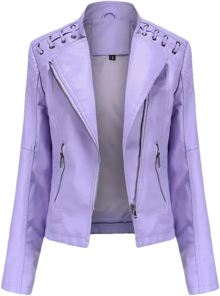 Fnfmrfmr Women's Thin Slim String Quilted Shoulder Oblique Zip Moto Pu Leather Biker Jacket