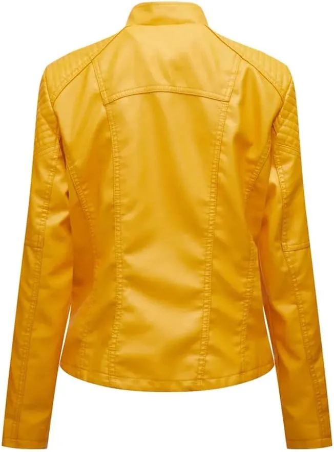 Fnfmrfmr Women's Thin Slim String Quilted Shoulder Oblique Zip Moto Pu Leather Biker Jacket