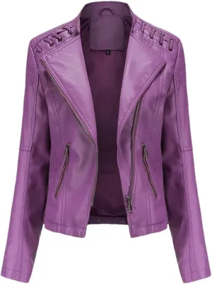 Fnfmrfmr Women's Thin Slim String Quilted Shoulder Oblique Zip Moto Pu Leather Biker Jacket