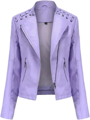 Fnfmrfmr Women's Thin Slim String Quilted Shoulder Oblique Zip Moto Pu Leather Biker Jacket