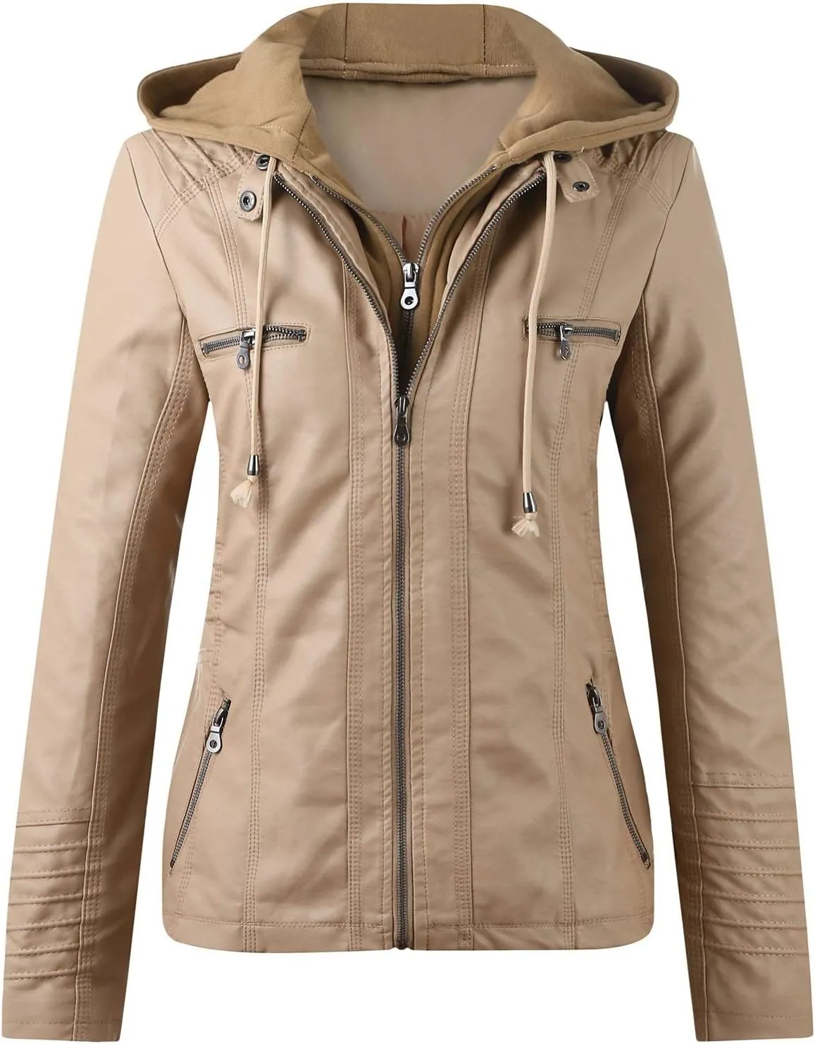 GOKKILRW Women Plus Size PU Leather Jacket Hooded Zip Up Casual Outdoor Motorbiker Slim Fit Removable Moto Biker Coat Outwear