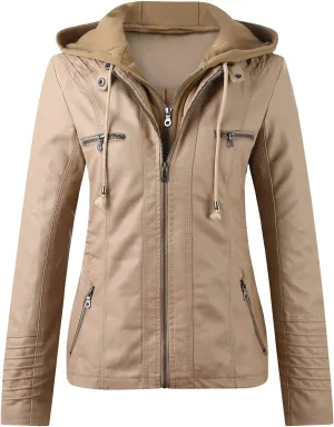GOKKILRW Women Plus Size PU Leather Jacket Hooded Zip Up Casual Outdoor Motorbiker Slim Fit Removable Moto Biker Coat Outwear