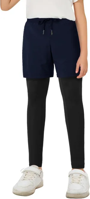 Haloumoning Boys Athletic 2 in 1 Shorts with Leggings Kids Workout Basketball Compression Pants with Zipper Pockets