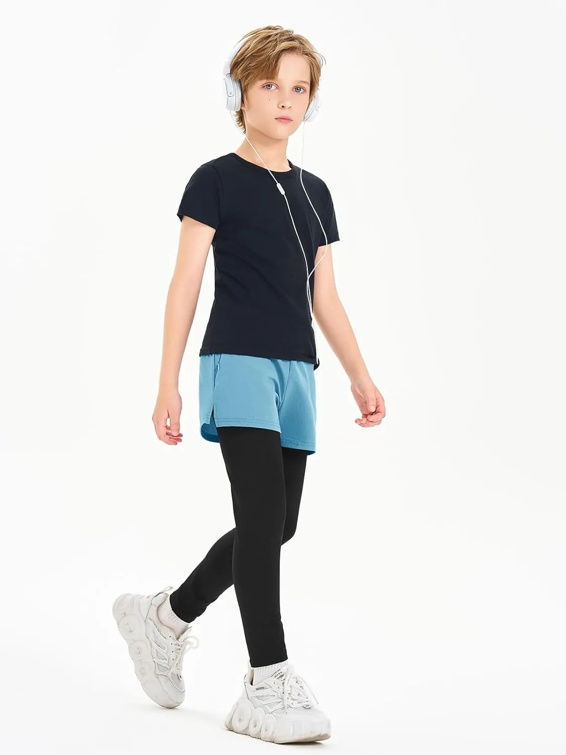 Haloumoning Boys Athletic 2 in 1 Shorts with Leggings Kids Workout Basketball Compression Pants with Zipper Pockets