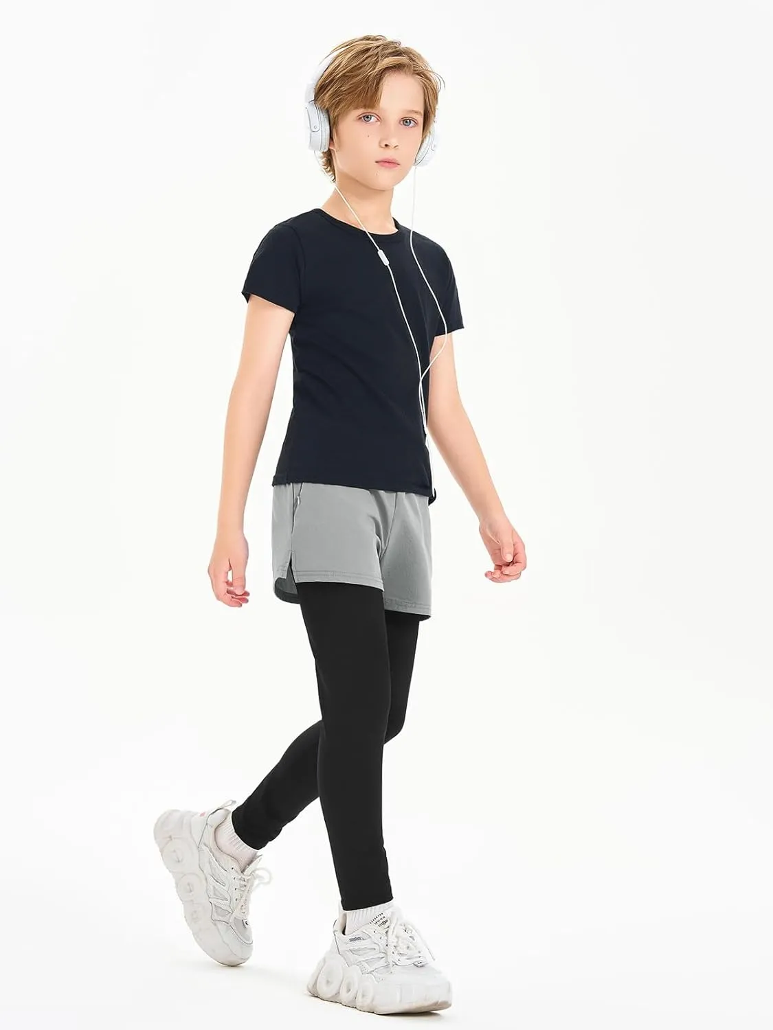 Haloumoning Boys Athletic 2 in 1 Shorts with Leggings Kids Workout Basketball Compression Pants with Zipper Pockets