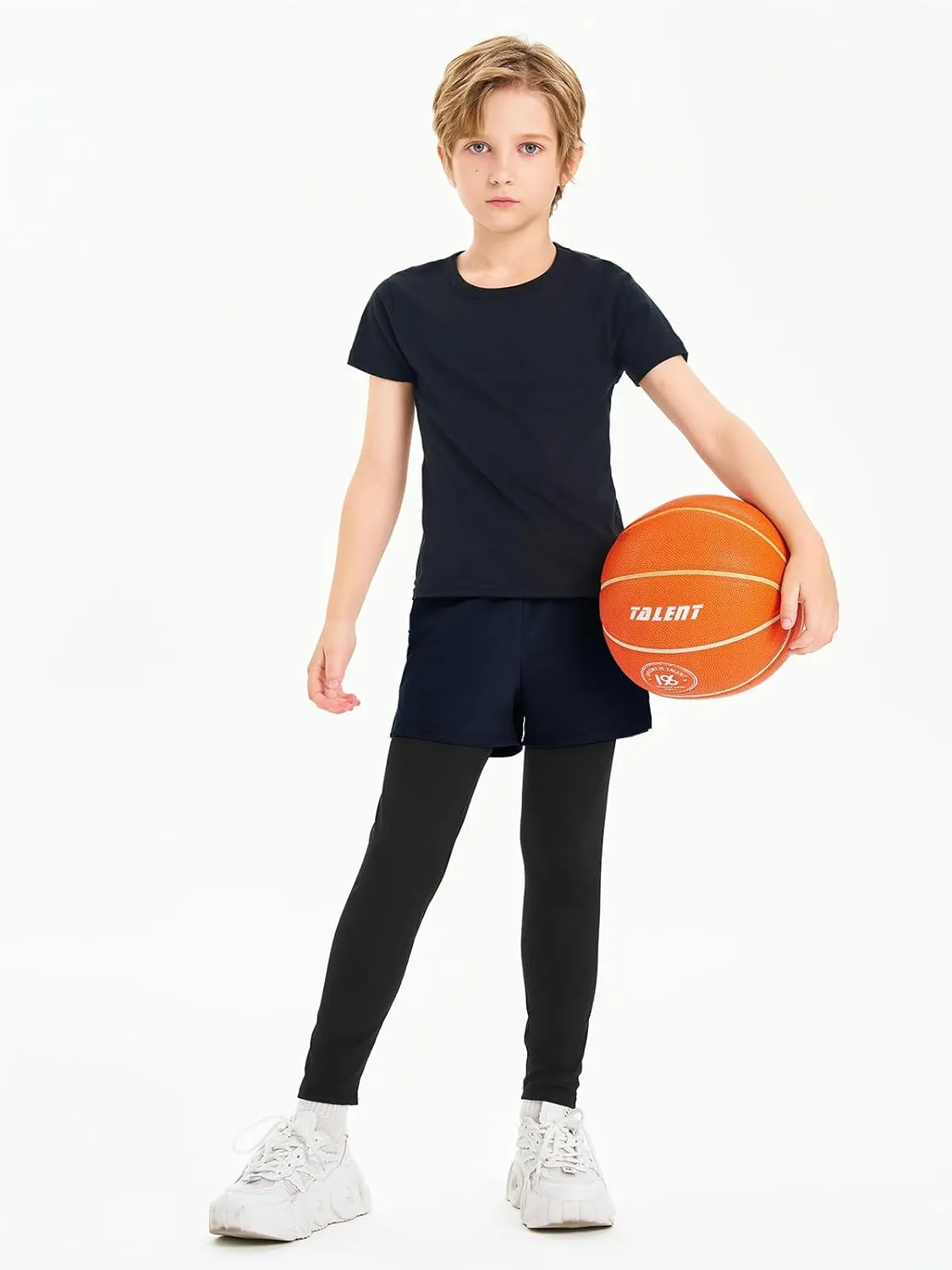 Haloumoning Boys Athletic 2 in 1 Shorts with Leggings Kids Workout Basketball Compression Pants with Zipper Pockets
