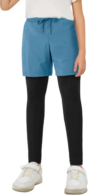 Haloumoning Boys Athletic 2 in 1 Shorts with Leggings Kids Workout Basketball Compression Pants with Zipper Pockets