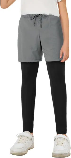 Haloumoning Boys Athletic 2 in 1 Shorts with Leggings Kids Workout Basketball Compression Pants with Zipper Pockets