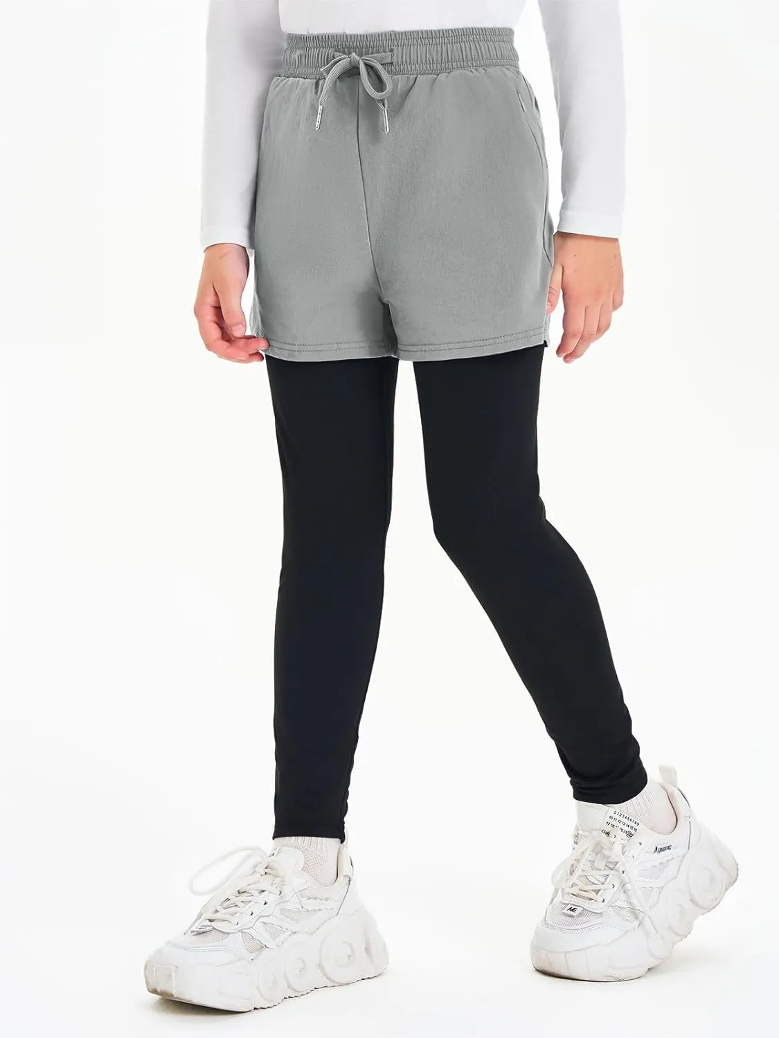 Haloumoning Boys Athletic 2 in 1 Shorts with Leggings Kids Workout Basketball Compression Pants with Zipper Pockets