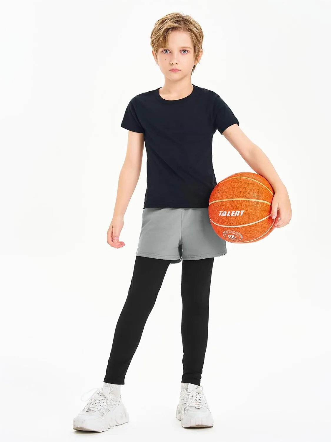 Haloumoning Boys Athletic 2 in 1 Shorts with Leggings Kids Workout Basketball Compression Pants with Zipper Pockets