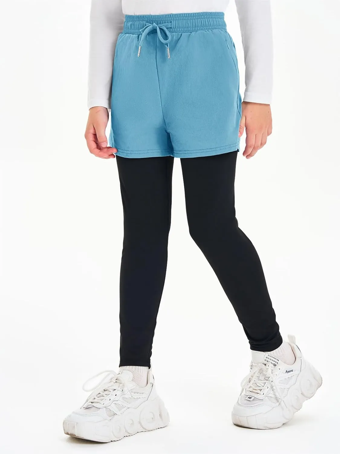 Haloumoning Boys Athletic 2 in 1 Shorts with Leggings Kids Workout Basketball Compression Pants with Zipper Pockets