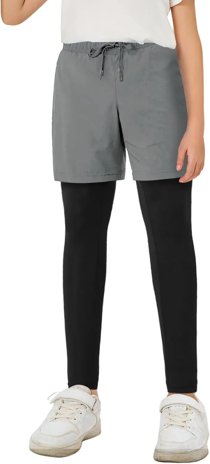 Haloumoning Boys Athletic 2 in 1 Shorts with Leggings Kids Workout Basketball Compression Pants with Zipper Pockets