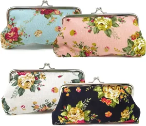 Honbay 4PCS Canvas Floral Coin Purse, Kiss Lock Change Purse, Vintage Trinkets Pouch, Cell Phone Pouch, Rose Pattern Clasp Closure Wallet, 3.54 x 7.48"(9x19cm)