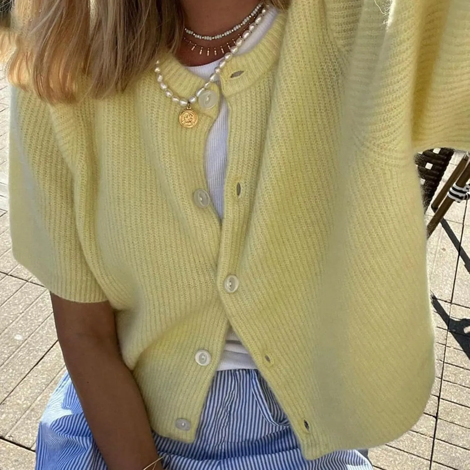 ICNGLKSND Women's Short Sleeve Cardigan Button Down Open Front Crewneck Sweaters Knit Solid Crop Tops