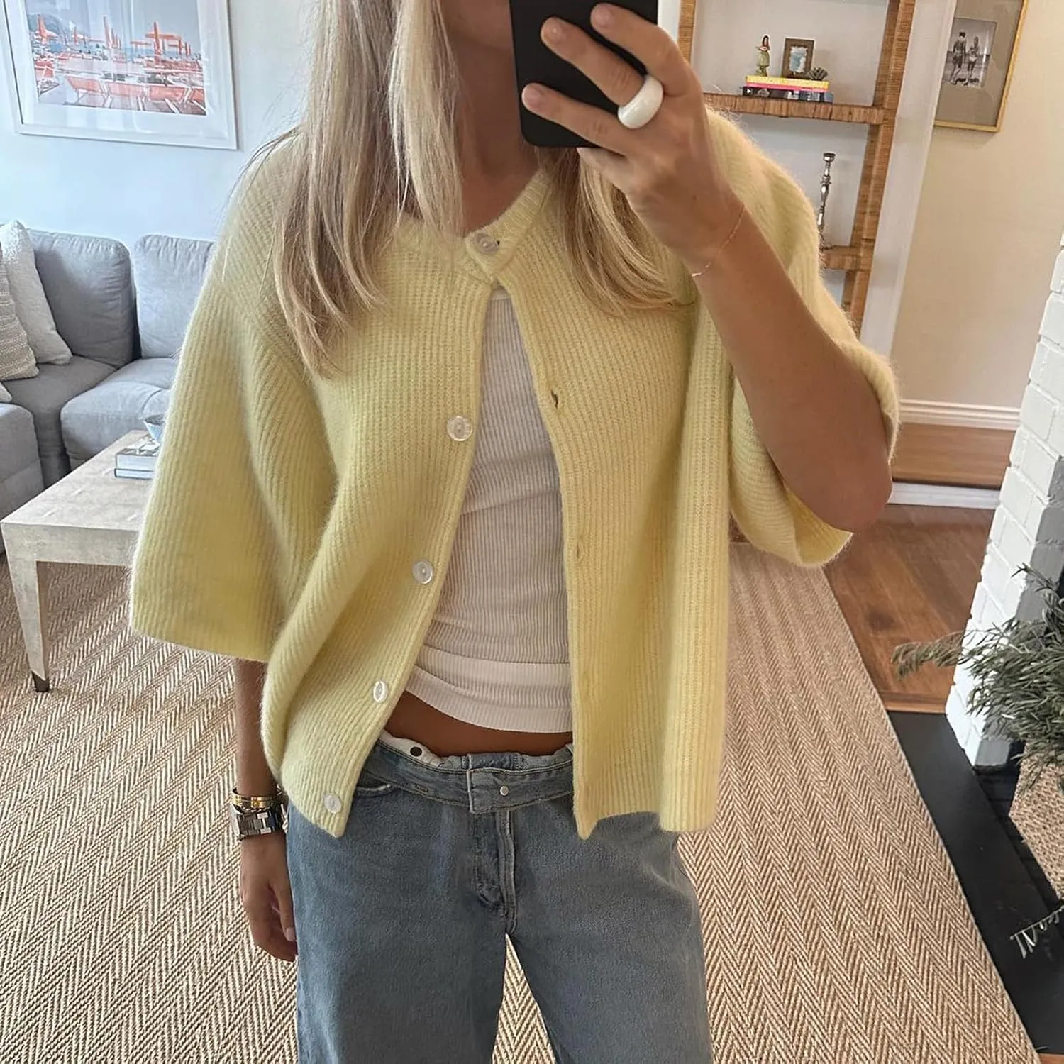 ICNGLKSND Women's Short Sleeve Cardigan Button Down Open Front Crewneck Sweaters Knit Solid Crop Tops