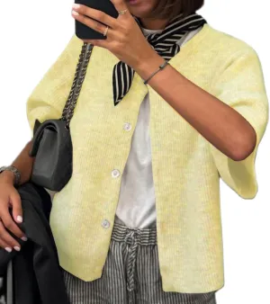 ICNGLKSND Women's Short Sleeve Cardigan Button Down Open Front Crewneck Sweaters Knit Solid Crop Tops