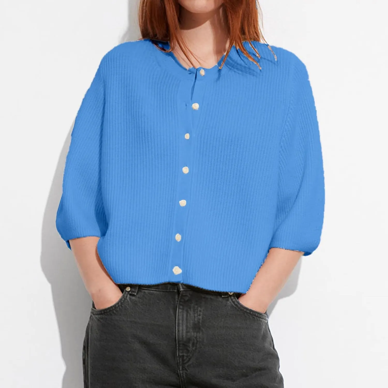 ICNGLKSND Women's Short Sleeve Cardigan Button Down Open Front Crewneck Sweaters Knit Solid Crop Tops