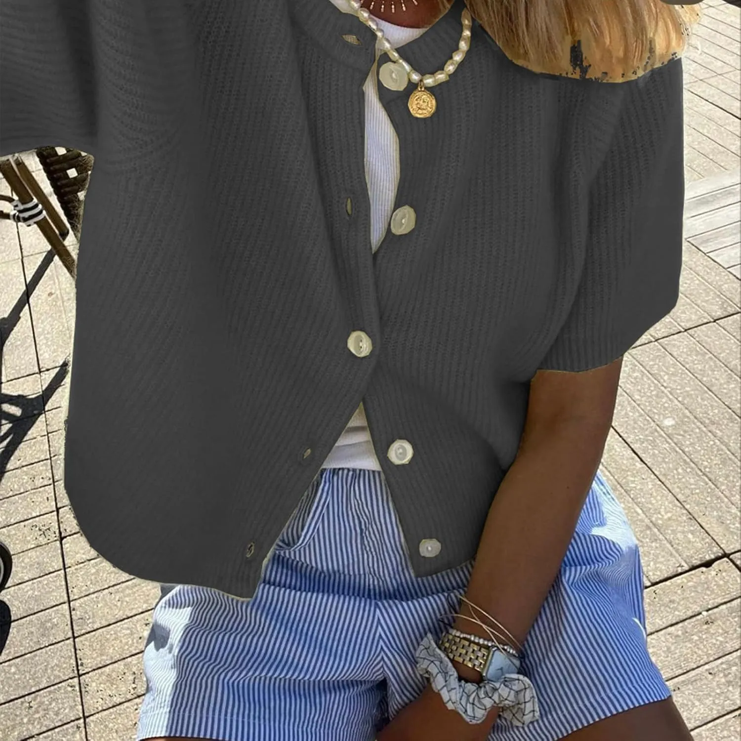 ICNGLKSND Women's Short Sleeve Cardigan Button Down Open Front Crewneck Sweaters Knit Solid Crop Tops