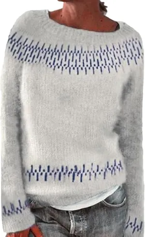 iLH Women's Fair Isle Knitted Sweater Vintage Long Sleeve Crewneck Sweaters Oversize Pullover Tops for Fall Winter