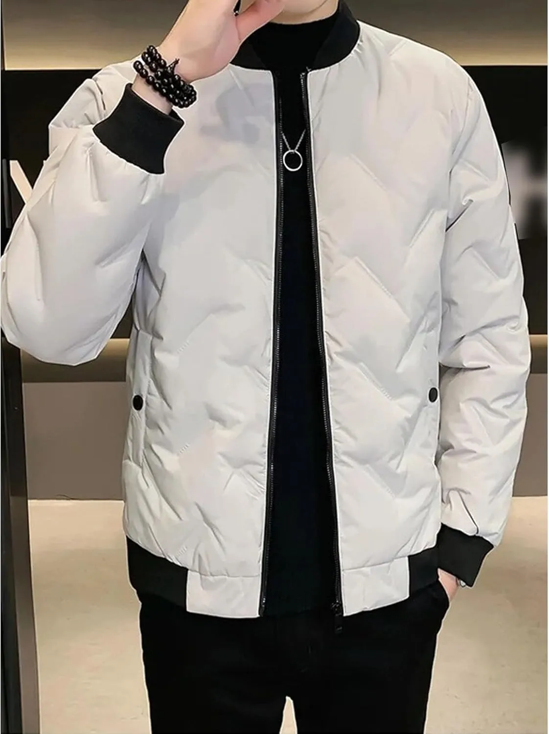 JEsilunmaMY Casual Baseball Bomber Jackets for Men Lightweight Cropped Puffer Quilted Jacket Thermal Sportwear Down Coats