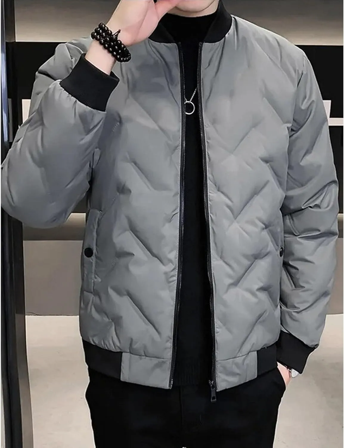 JEsilunmaMY Casual Baseball Bomber Jackets for Men Lightweight Cropped Puffer Quilted Jacket Thermal Sportwear Down Coats