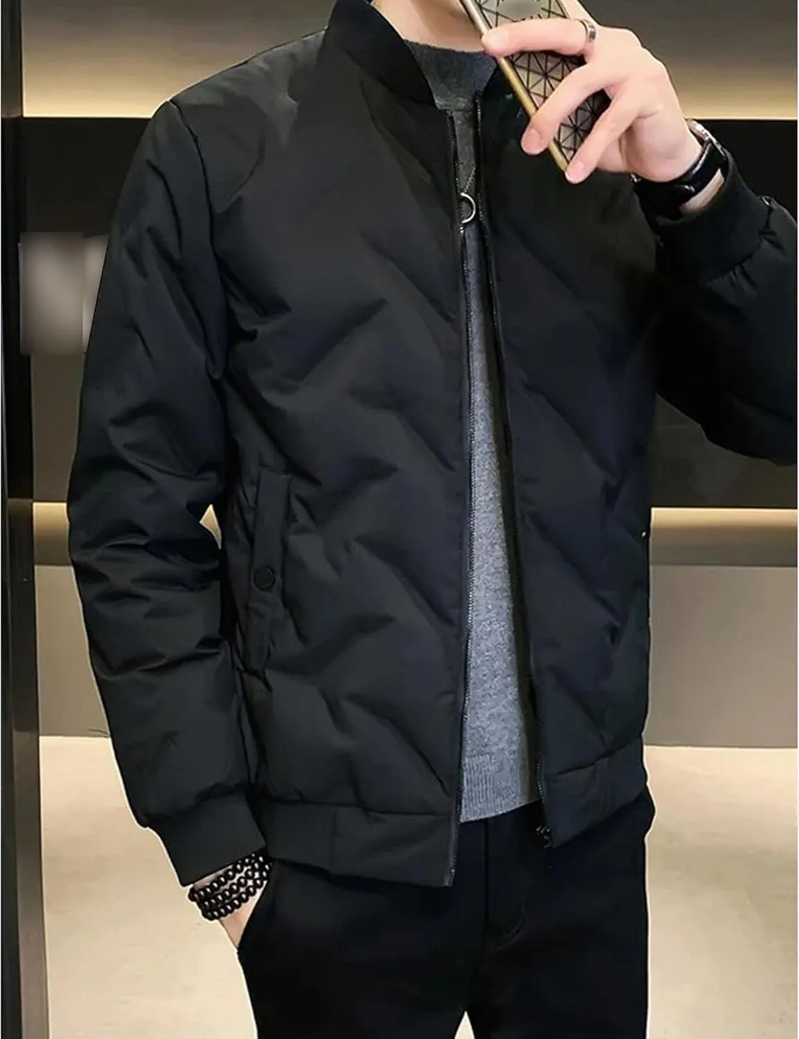JEsilunmaMY Casual Baseball Bomber Jackets for Men Lightweight Cropped Puffer Quilted Jacket Thermal Sportwear Down Coats