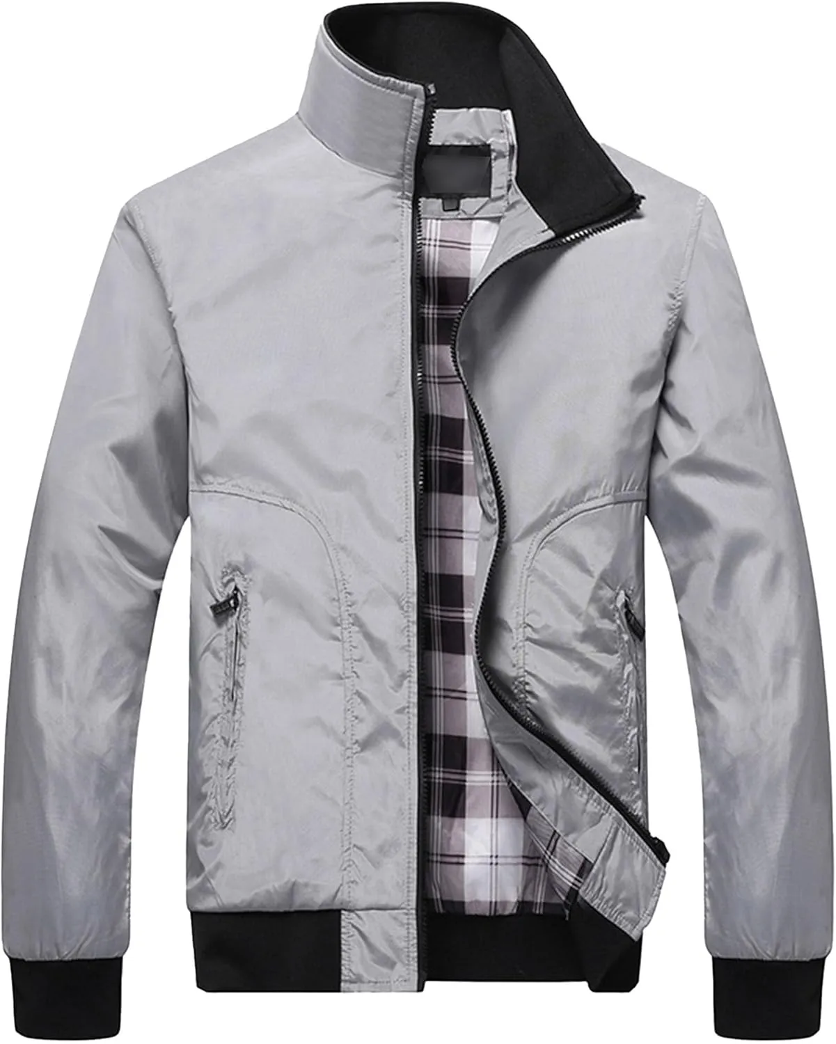 JEsilunmaMY Men's Lightweight Stand Collar Bomber Jacket Full Zip Flannel Baseball Jacket Windproof Sportwear Windbreaker