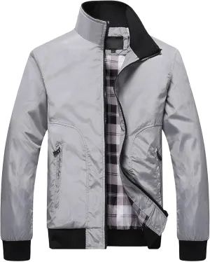 JEsilunmaMY Men's Lightweight Stand Collar Bomber Jacket Full Zip Flannel Baseball Jacket Windproof Sportwear Windbreaker