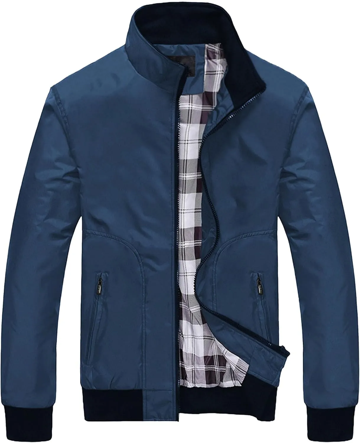 JEsilunmaMY Men's Lightweight Stand Collar Bomber Jacket Full Zip Flannel Baseball Jacket Windproof Sportwear Windbreaker