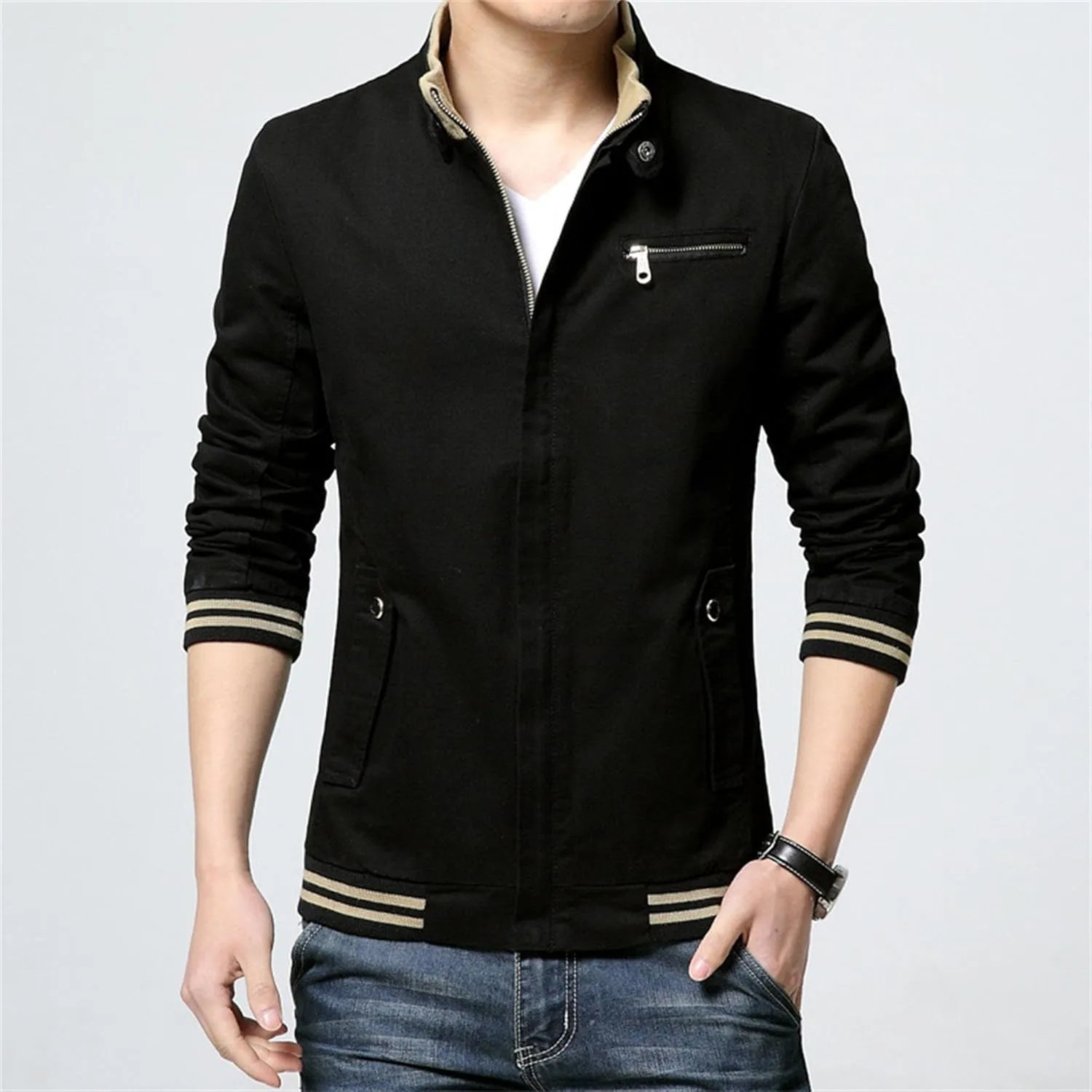 JEsilunmaMY Men's Slim Cargo Cotton Jacket Stand Collar Zipper Lightweight Jackets Casual Sportwear Rib Bomber Jackets