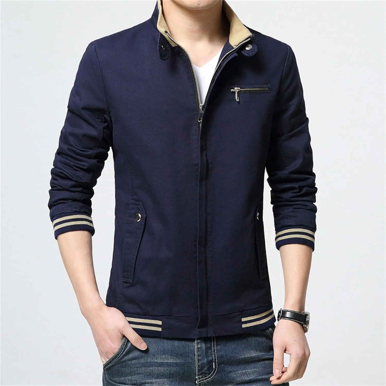 JEsilunmaMY Men's Slim Cargo Cotton Jacket Stand Collar Zipper Lightweight Jackets Casual Sportwear Rib Bomber Jackets